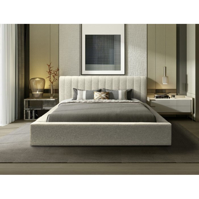 Lit coffre CERVIN – Taupe sablé bouclé – 180x200 cm – Sommier relevable – Design haut de gamme 