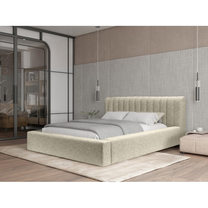 Lit coffre CERVIN – Taupe sablé bouclé – 180x200 cm – Sommier relevable – Design haut de gamme 