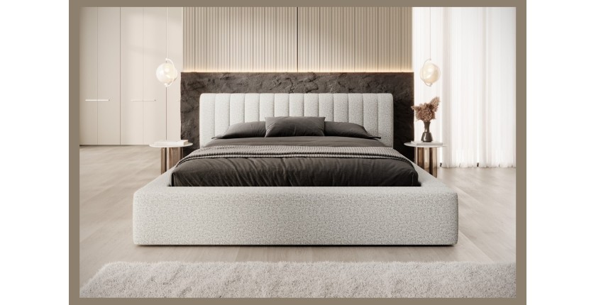 Lit coffre CERVIN – Nuage sablé bouclé – 140x200 cm – Sommier relevable – Design haut de gamme