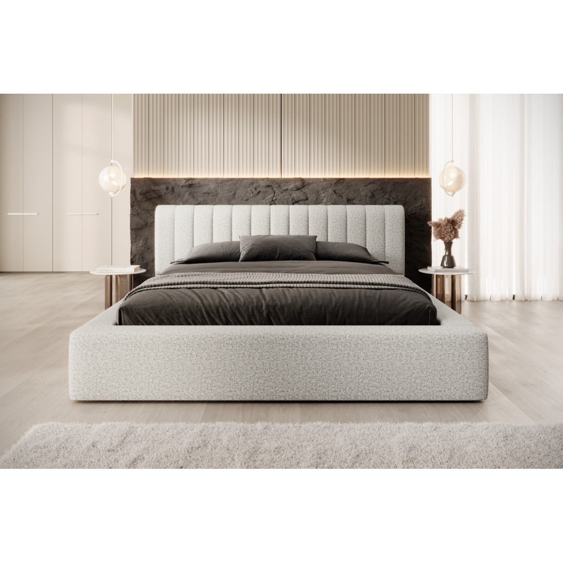 Lit coffre CERVIN – Nuage sablé bouclé – 140x200 cm – Sommier relevable – Design haut de gamme