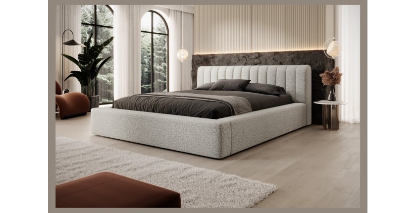 Lit coffre CERVIN – Nuage sablé bouclé – 140x200 cm – Sommier relevable – Design haut de gamme 