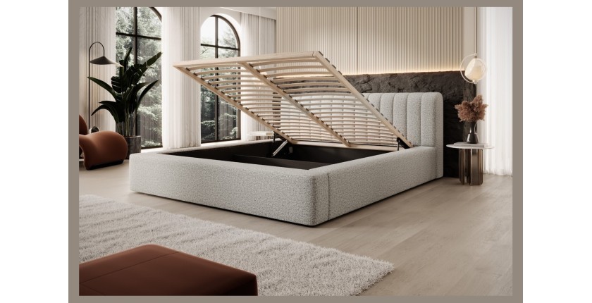 Lit coffre CERVIN – Nuage sablé bouclé – 140x200 cm – Sommier relevable – Design haut de gamme 