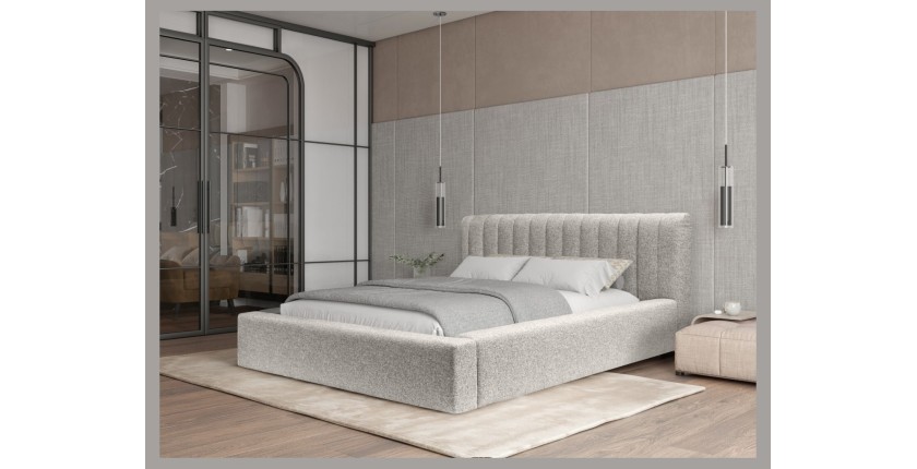 Lit coffre CERVIN – Nuage sablé bouclé – 140x200 cm – Sommier relevable – Design haut de gamme 