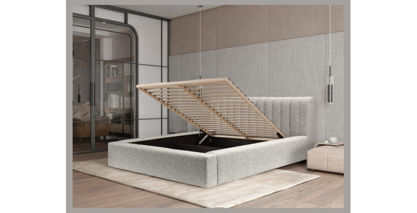 Lit coffre CERVIN – Nuage sablé bouclé – 140x200 cm – Sommier relevable – Design haut de gamme 