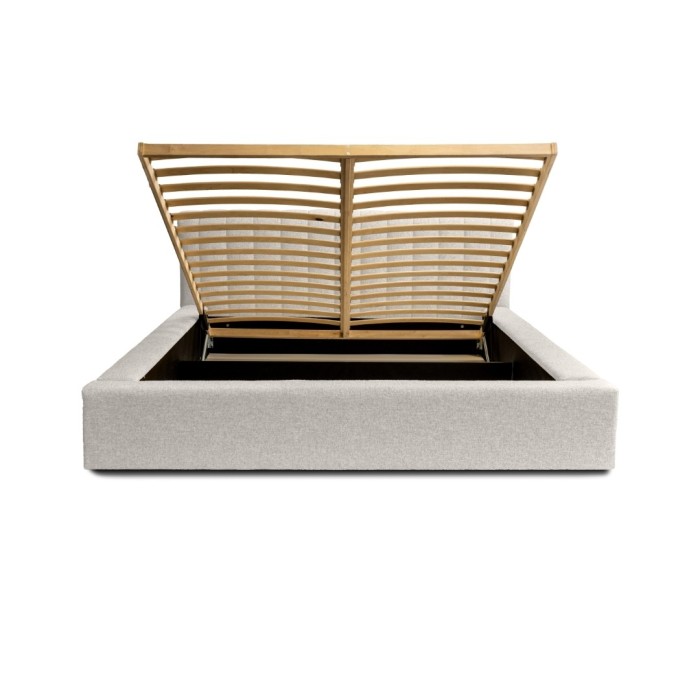 Lit coffre CERVIN – Tissu bouclé Nuage sablé – 160x200 cm – Sommier relevable – Design contemporain 