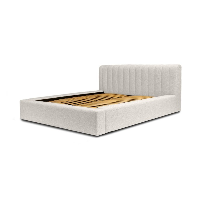 Lit coffre CERVIN – Tissu bouclé Nuage sablé – 160x200 cm – Sommier relevable – Design contemporain 