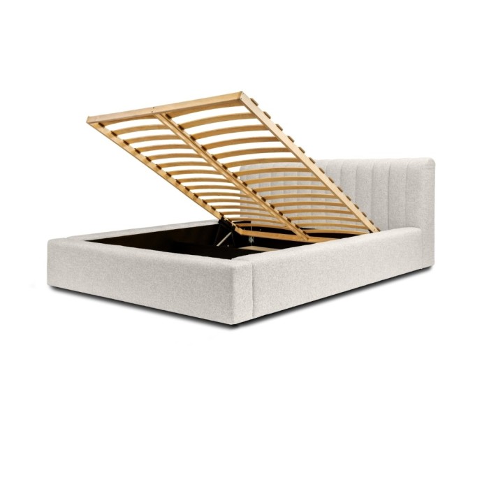 Lit coffre CERVIN – Tissu bouclé Nuage sablé – 160x200 cm – Sommier relevable – Design contemporain 