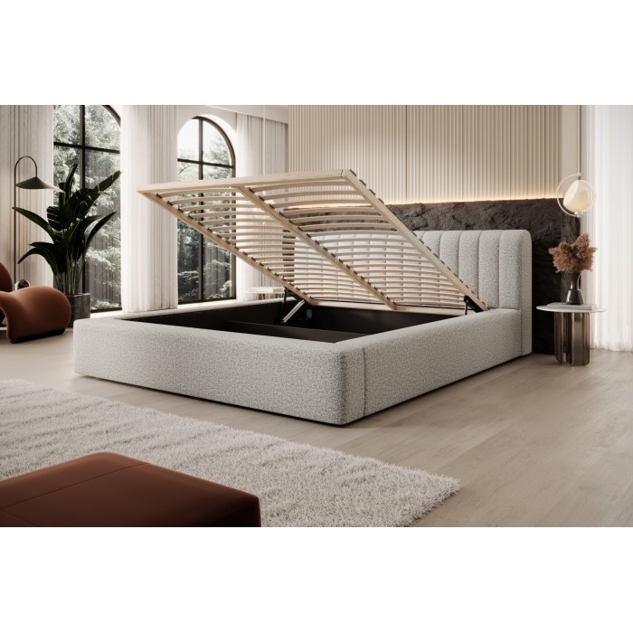 Lit coffre CERVIN – Tissu bouclé Nuage sablé – 160x200 cm – Sommier relevable – Design contemporain 