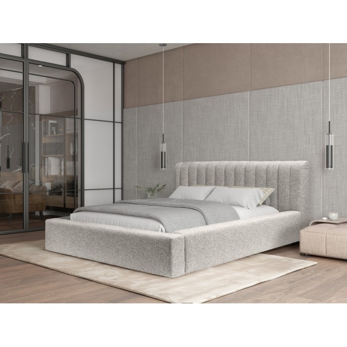 Lit coffre CERVIN – Tissu bouclé Nuage sablé – 160x200 cm – Sommier relevable – Design contemporain 