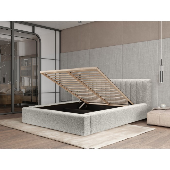 Lit coffre CERVIN – Tissu bouclé Nuage sablé – 160x200 cm – Sommier relevable – Design contemporain 