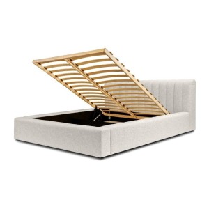 Lit coffre CERVIN – Tissu bouclé Nuage sablé – 180x200 cm – Sommier relevable – Design contemporain 