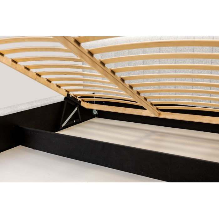 Lit coffre CERVIN – Tissu bouclé Nuage sablé – 180x200 cm – Sommier relevable – Design contemporain 