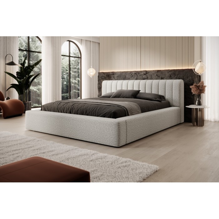 Lit coffre CERVIN – Tissu bouclé Nuage sablé – 180x200 cm – Sommier relevable – Design contemporain 