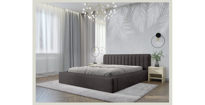Lit coffre CERVIN – Tissu bouclé Nuage sablé – 180x200 cm – Sommier relevable – Design contemporain 