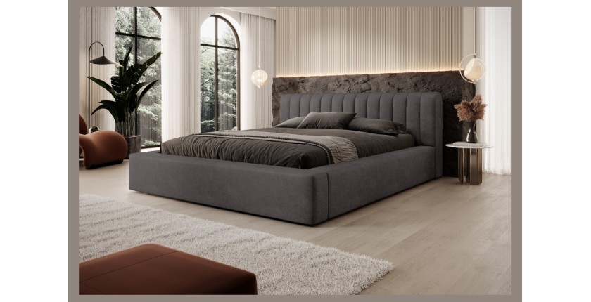 Lit coffre CERVIN – Velours doux Charbon minéral – 160x200 cm – Sommier relevable – Design contemporain 