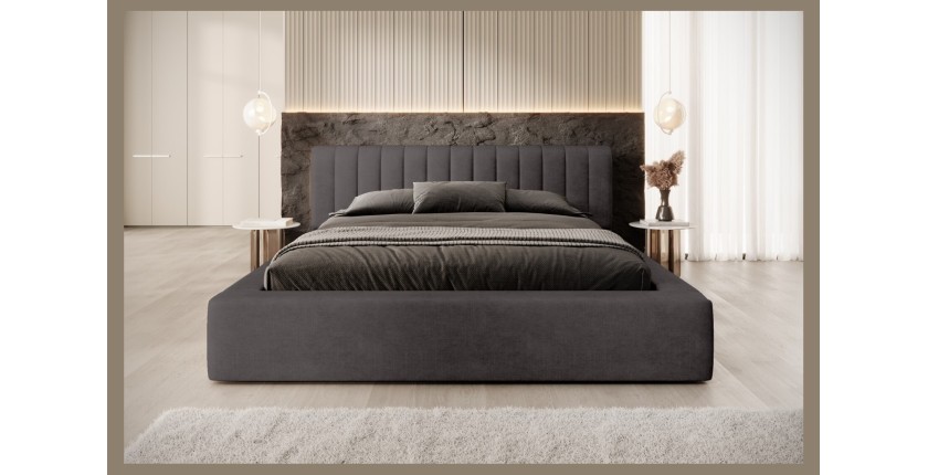 Lit coffre CERVIN – Velours doux Charbon minéral – 160x200 cm – Sommier relevable – Design contemporain 