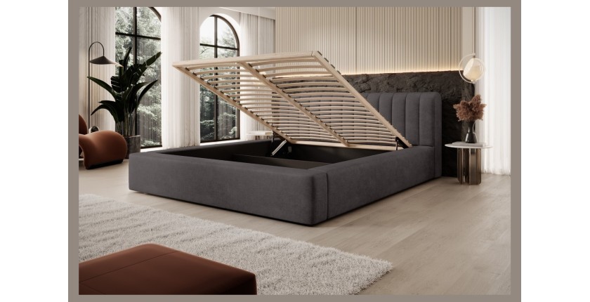 Lit coffre CERVIN – Velours doux Charbon minéral – 160x200 cm – Sommier relevable – Design contemporain 