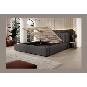 Lit coffre CERVIN – Velours doux Charbon minéral – 160x200 cm – Sommier relevable – Design contemporain 