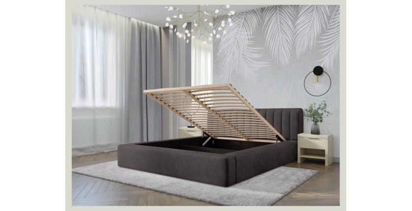 Lit coffre CERVIN – Velours doux Charbon minéral – 160x200 cm – Sommier relevable – Design contemporain 