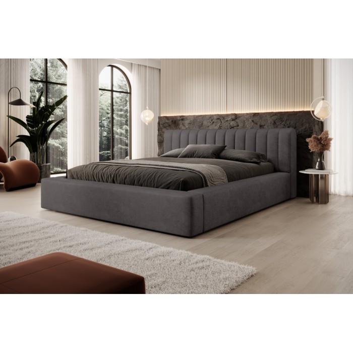 Lit coffre CERVIN – Velours doux Charbon minéral – 180x200 cm – Sommier relevable – Design contemporain 