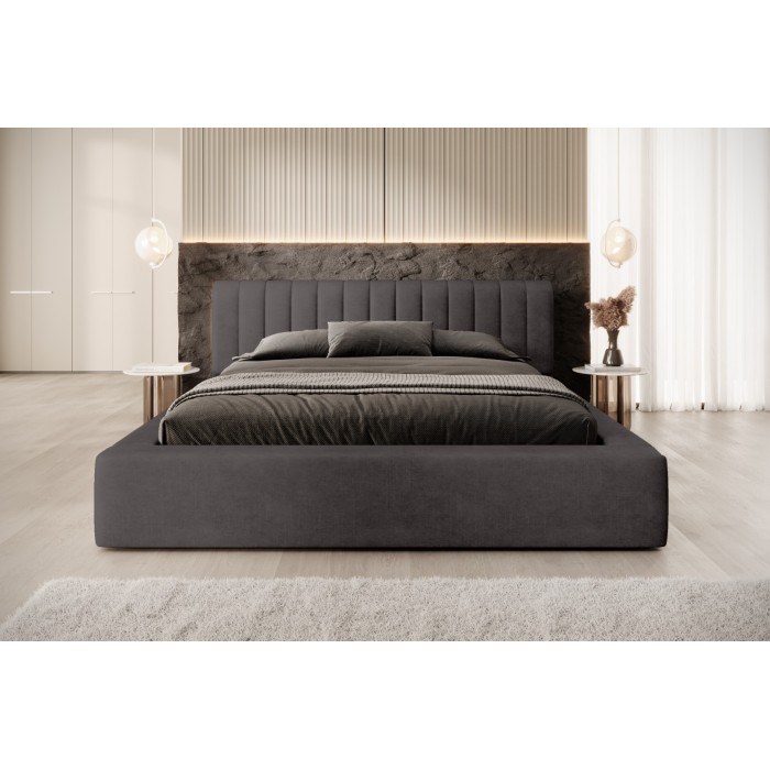 Lit coffre CERVIN – Velours doux Charbon minéral – 180x200 cm – Sommier relevable – Design contemporain 