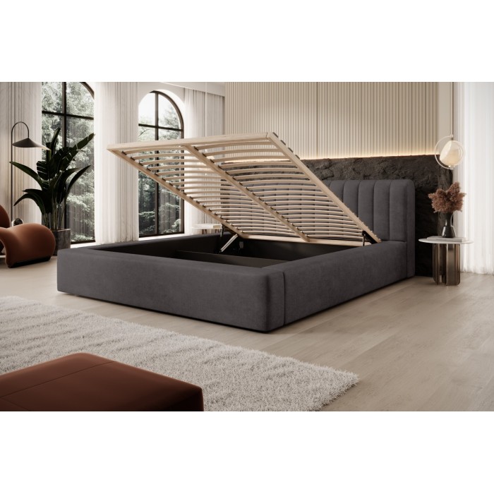 Lit coffre CERVIN – Velours doux Charbon minéral – 180x200 cm – Sommier relevable – Design contemporain 