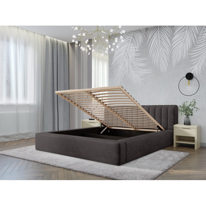 Lit coffre CERVIN – Velours doux Charbon minéral – 180x200 cm – Sommier relevable – Design contemporain 