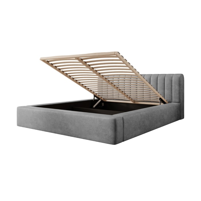 Lit coffre CERVIN – Velours doux Nacre de béton – 140x200 cm – Sommier relevable – Design contemporain 