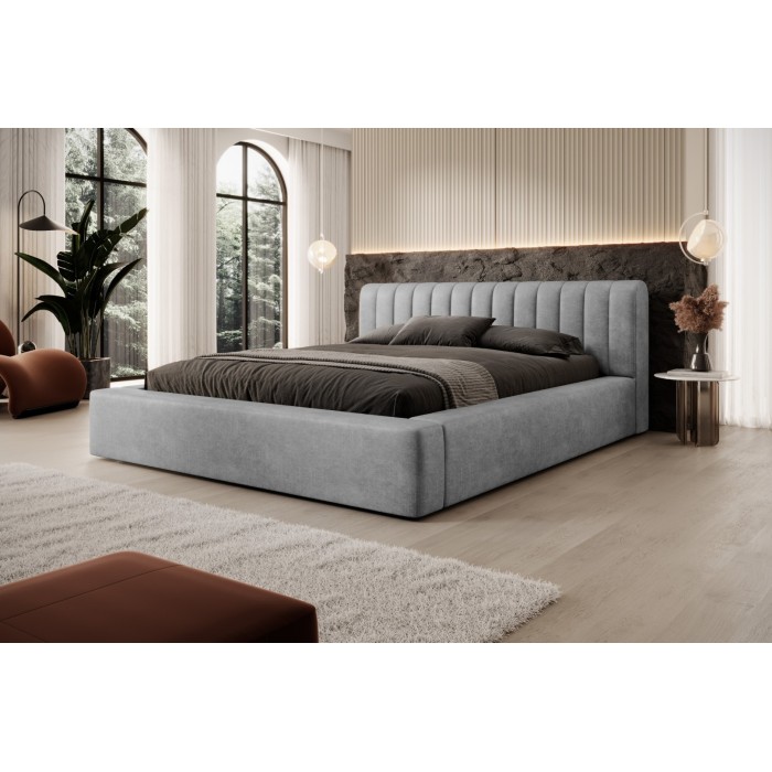 Lit coffre CERVIN – Velours doux Nacre de béton – 140x200 cm – Sommier relevable – Design contemporain 