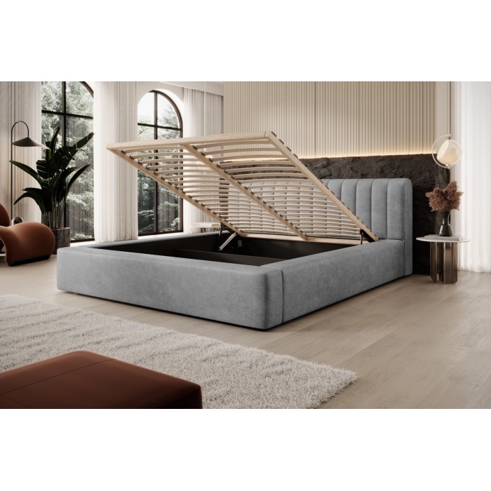 Lit coffre CERVIN – Velours doux Nacre de béton – 140x200 cm – Sommier relevable – Design contemporain 