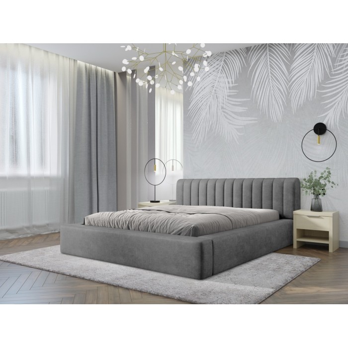 Lit coffre CERVIN – Velours doux Nacre de béton – 140x200 cm – Sommier relevable – Design contemporain 