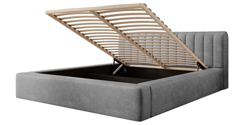Lit coffre CERVIN – Velours doux Nacre de béton – 160x200 cm – Sommier relevable – Design contemporain 