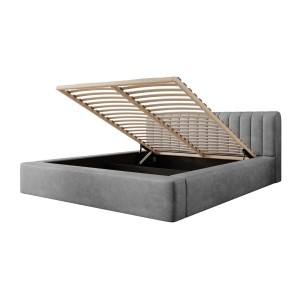 Lit coffre CERVIN – Velours doux Nacre de béton – 160x200 cm – Sommier relevable – Design contemporain 