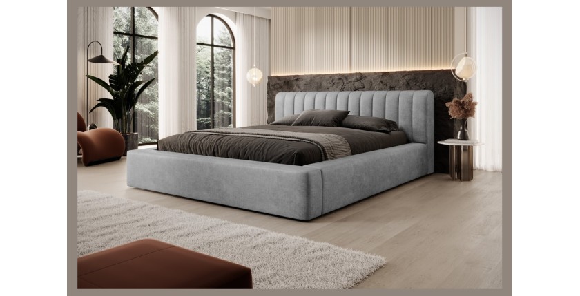 Lit coffre CERVIN – Velours doux Nacre de béton – 160x200 cm – Sommier relevable – Design contemporain 