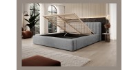 Lit coffre CERVIN – Velours doux Nacre de béton – 160x200 cm – Sommier relevable – Design contemporain 