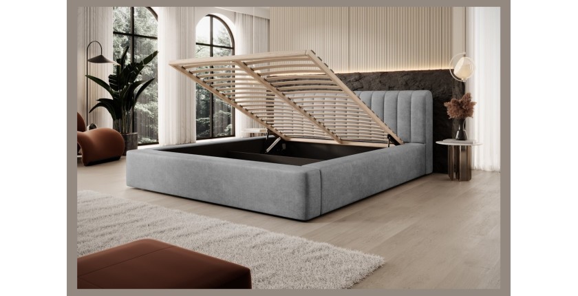 Lit coffre CERVIN – Velours doux Nacre de béton – 160x200 cm – Sommier relevable – Design contemporain 