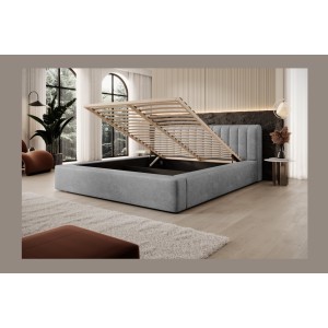 Lit coffre CERVIN – Velours doux Nacre de béton – 160x200 cm – Sommier relevable – Design contemporain 