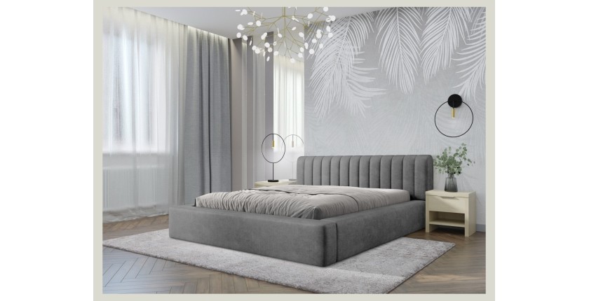 Lit coffre CERVIN – Velours doux Nacre de béton – 160x200 cm – Sommier relevable – Design contemporain 