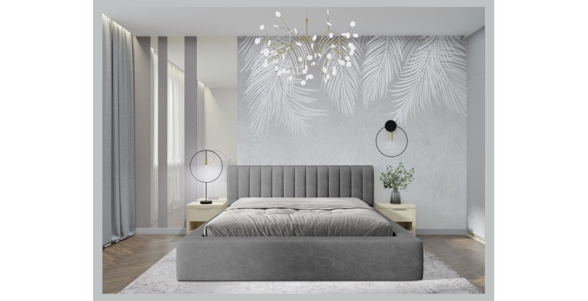 Lit coffre CERVIN – Velours doux Nacre de béton – 160x200 cm – Sommier relevable – Design contemporain 