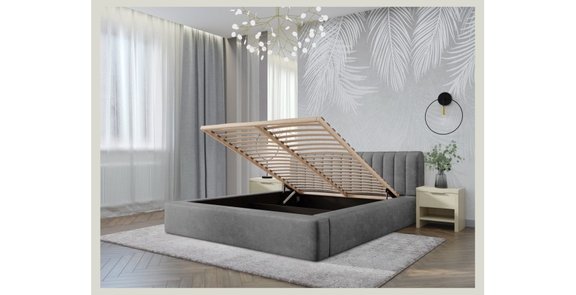 Lit coffre CERVIN – Velours doux Nacre de béton – 160x200 cm – Sommier relevable – Design contemporain 