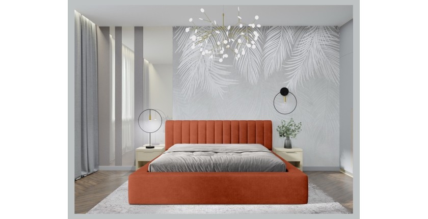 Lit coffre CERVIN – Velours doux Brique Toscane – 140x200 cm – Sommier relevable – Design élégant