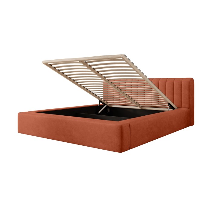 Lit coffre CERVIN – Velours doux Brique Toscane – 140x200 cm – Sommier relevable – Design élégant 