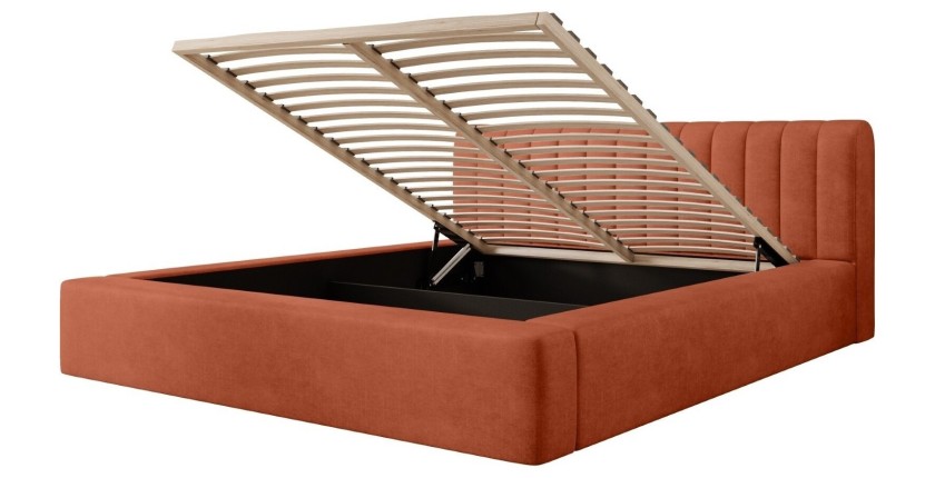 Lit coffre CERVIN – Velours doux Brique Toscane – 140x200 cm – Sommier relevable – Design élégant 