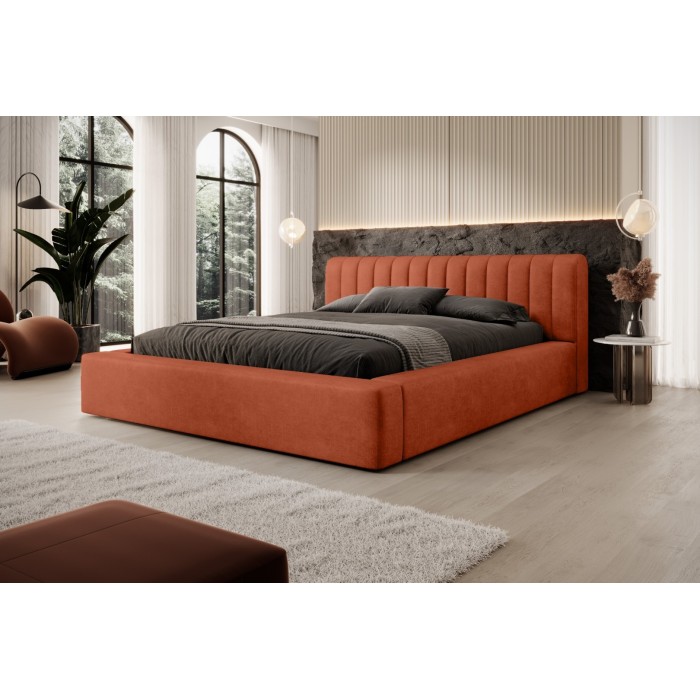 Lit coffre CERVIN – Velours doux Brique Toscane – 140x200 cm – Sommier relevable – Design élégant 