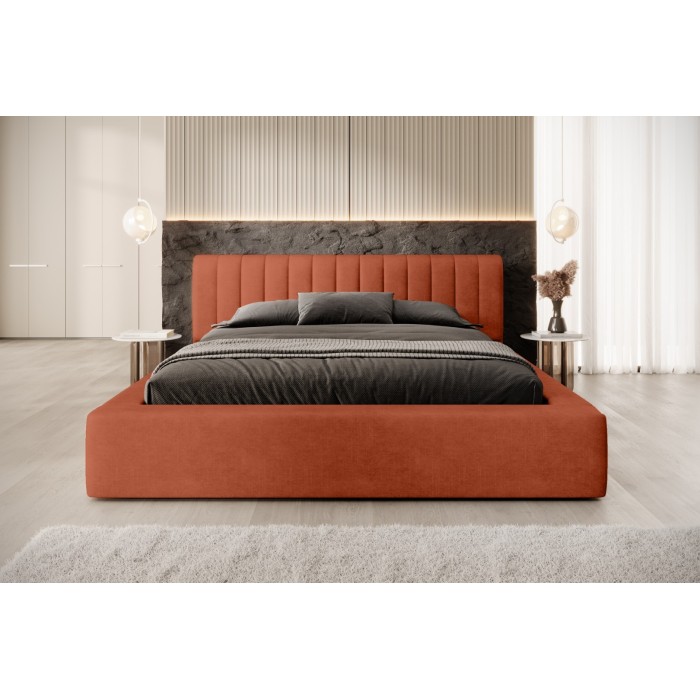 Lit coffre CERVIN – Velours doux Brique Toscane – 140x200 cm – Sommier relevable – Design élégant 