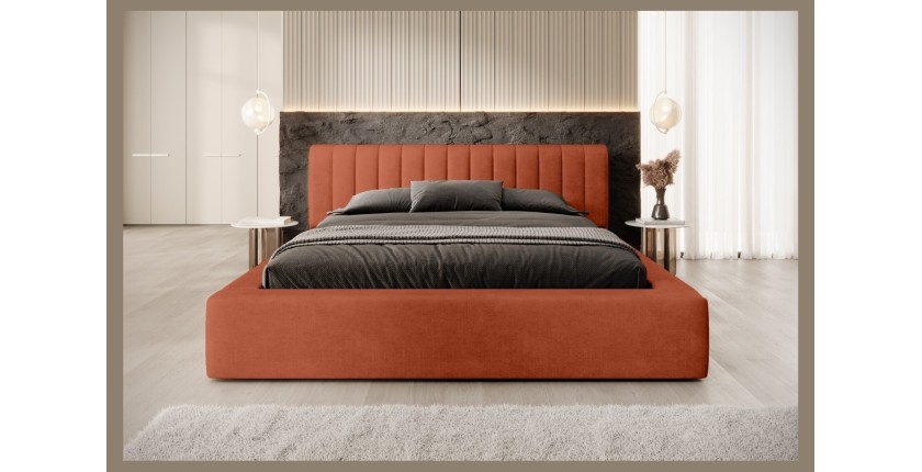 Lit coffre CERVIN – Velours doux Brique Toscane – 140x200 cm – Sommier relevable – Design élégant 