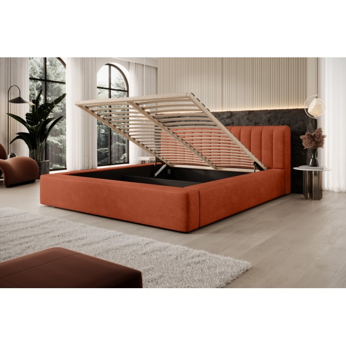 Lit coffre CERVIN – Velours doux Brique Toscane – 140x200 cm – Sommier relevable – Design élégant 