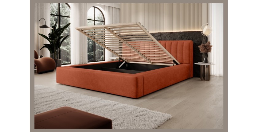 Lit coffre CERVIN – Velours doux Brique Toscane – 140x200 cm – Sommier relevable – Design élégant 