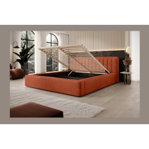 Lit coffre CERVIN – Velours doux Brique Toscane – 140x200 cm – Sommier relevable – Design élégant 