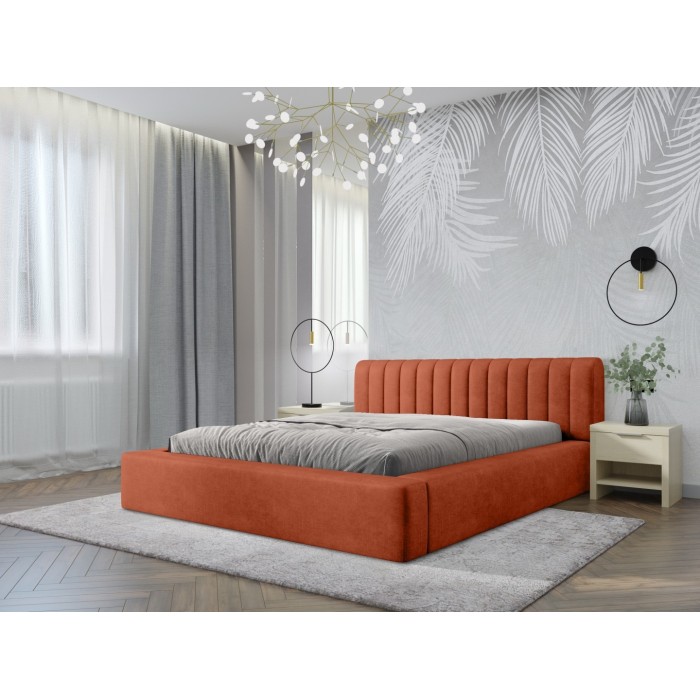 Lit coffre CERVIN – Velours doux Brique Toscane – 140x200 cm – Sommier relevable – Design élégant 